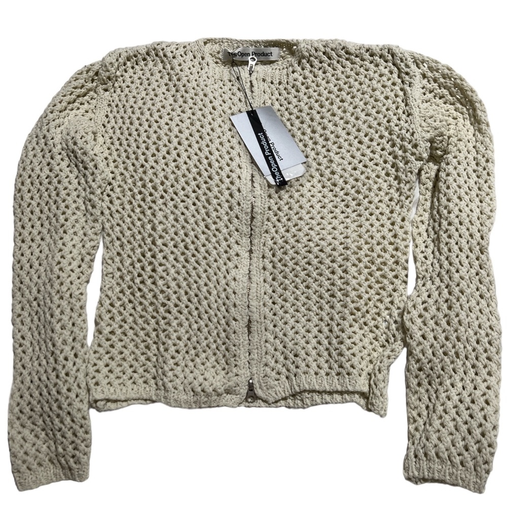 The Open Product Beige Crochet zip up jacket